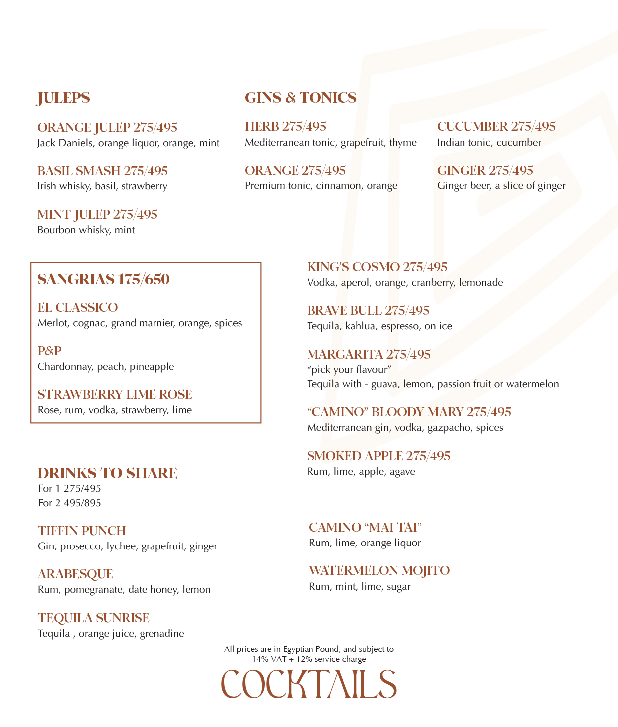 Beverages menu