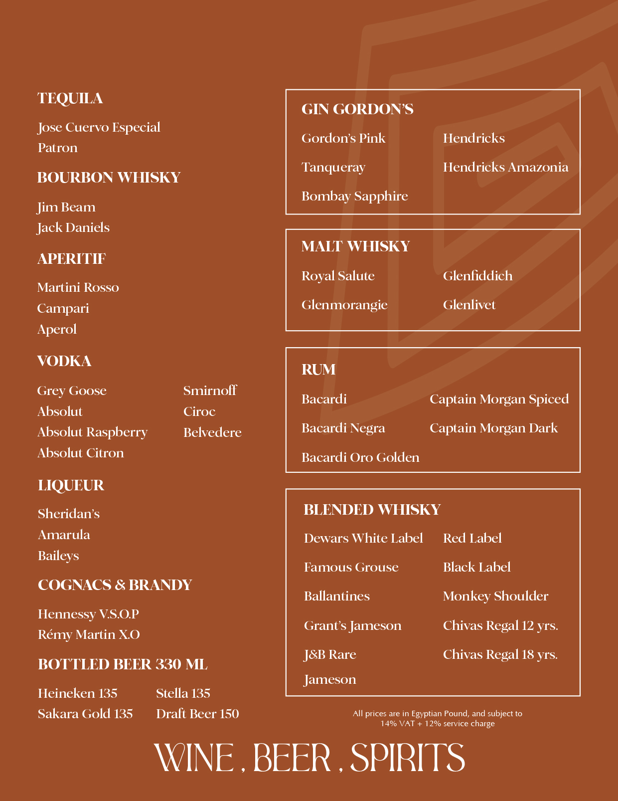 Beverages menu